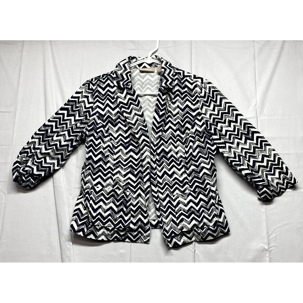 Chico's Jacket Womens 0 Black White Chevron Cotton Stretch Minimalist Open Front